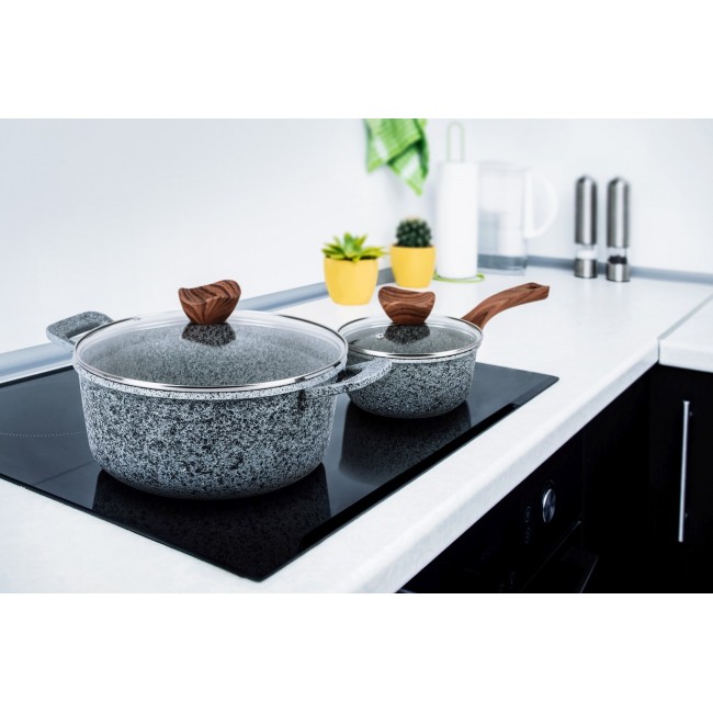 PROMIS Set of pots GRANITE, saucepan 16 cm, pots 20,24,28 brown handles