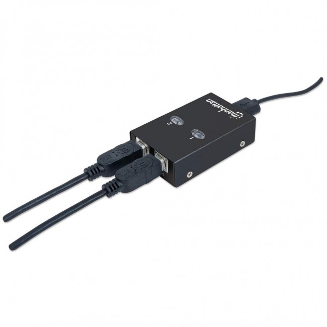 Manhattan USB-A Automatic Sharing Switch, 2x USB-B Ports, 480 Mbps (USB 2.0), Dual Control (Auto-Sensing or Manual), Bus Powered, Hi-Speed USB, inc 1x 1.5m USB-A to USB-B cable, Black, Three Year Warranty Manhattan USB-A Automatic Sharing Switch, 2x USB-B Ports, 480 Mbps (USB 2.0), Dual Control (Auto-Sensing or Manual), Bus Powered, Hi-Speed USB, inc 1x 1.5m USB-A to USB-B cable, Black, Three Year Warranty
