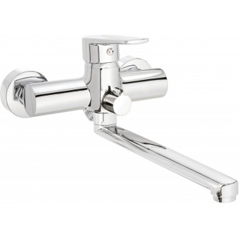 Wall-mounted washbasin and bath mixer with extended spout - hose connection
