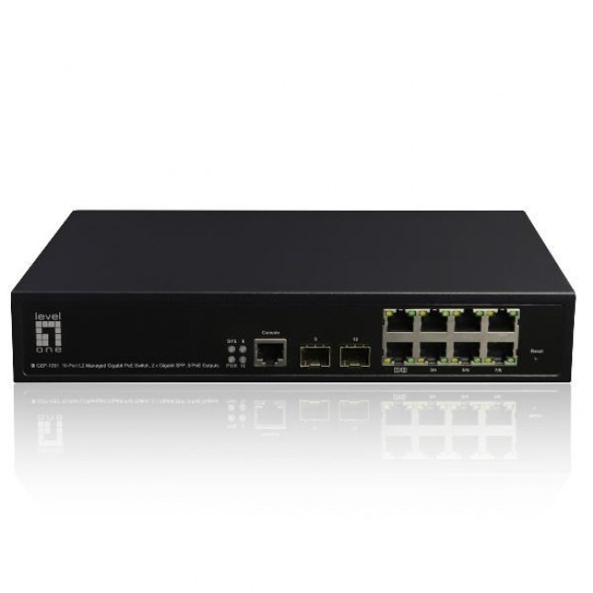 LevelOne KILBY 10-Port L2 Managed Gigabit PoE Switch, 2 x SFP, 802.3at/af PoE, 125W, 8 PoE Outputs