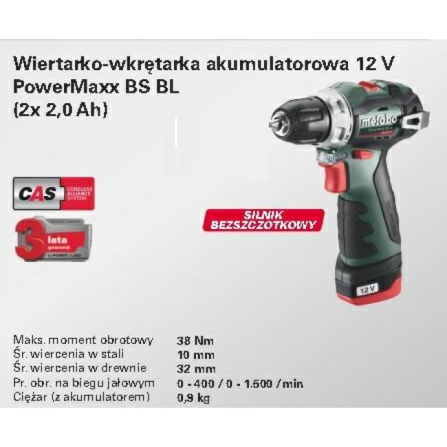 METABO WIERTARKO-WKRĘTARKA 12V 38Nm 2x2,0Ah BS BL 12 METABO WIERTARKO-WKRĘTARKA 12V 38Nm 2x2,0Ah BS BL 12