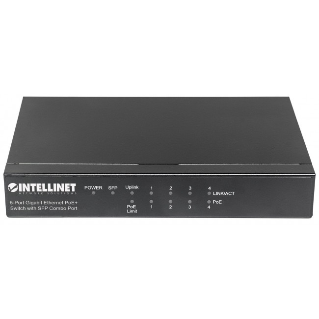 Intellinet 5-Port Gigabit Ethernet PoE+ Switch with SFP Combo Port, 4 x PSE Ports, IEEE 802.3at/af Power over Ethernet (PoE+/PoE) Compliant, 80 W, Desktop (Euro 2-pin plug) Intellinet 5-Port Gigabit Ethernet PoE+ Switch with SFP Combo Port, 4 x PSE Ports, IEEE 802.3at/af Power over Ethernet (PoE+/PoE) Compliant, 80 W, Desktop (Euro 2-pin plug)