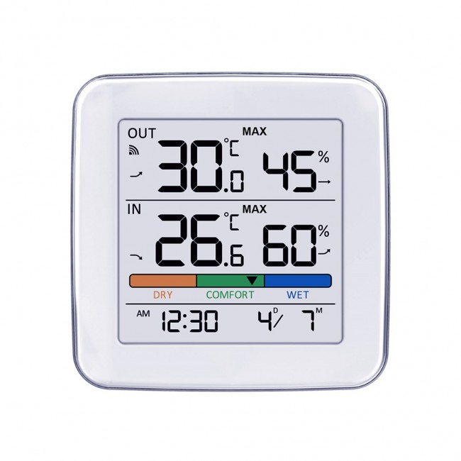 GreenBlue wireless weather station, temperature + humidity IN/OUT, clock + alarm + date, C / F selectable, range up to 60m, GB169