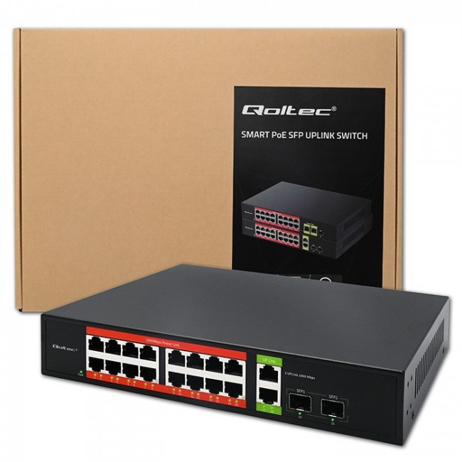 Qoltec Prze ącznik sieciowy SWITCH Gigabit Ethernet PoE | 16x RJ45 | 2x RJ45 Uplink | 2x SFP | 1000Mb/s Qoltec Prze ącznik sieciowy SWITCH Gigabit Ethernet PoE | 16x RJ45 | 2x RJ45 Uplink | 2x SFP | 1000Mb/s