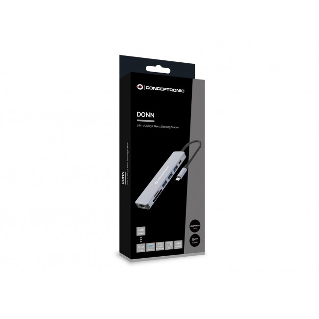 Conceptronic DONN19G 7-in-1 USB 3.2 Gen 1 Docking Station, HDMI, USB-A 3.0 x 3, SD, TF/MicroSD, 100W USB PD