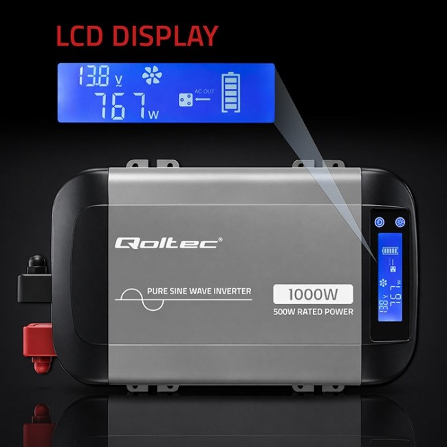 Qoltec Przetwornica napięcia Pure Sine Wave | 12V na 230V | 500/1000W | LCD | USB | USB-C | Kompatibilno z LiFePo4 GEL AGM