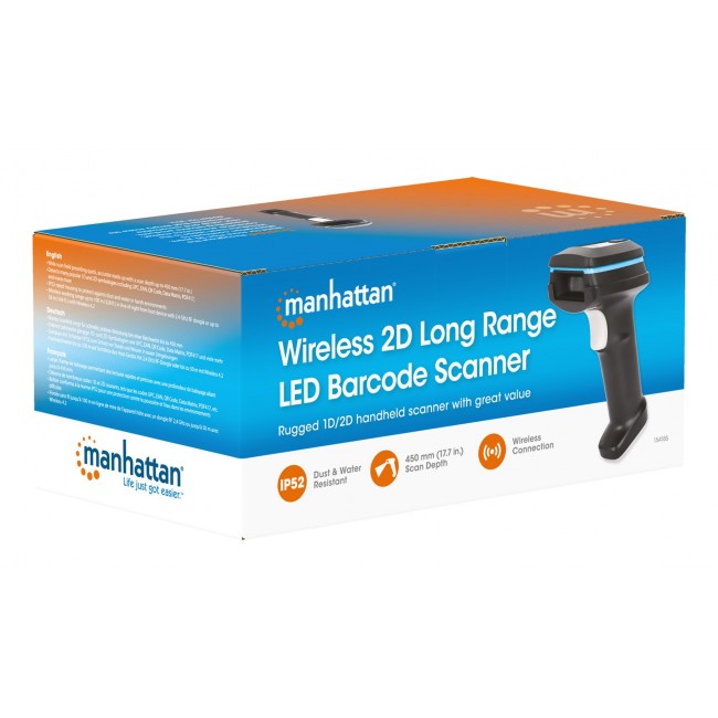 Manhattan Wireless 2D Handheld Barcode Scanner, 250mm Scan Depth, up to 80m effective range (line of sight), Max Ambient Light 100,000 lux (sunlight), Black, Charging cable (USB-A to USB-C into device) 1m included, Three Year Warranty