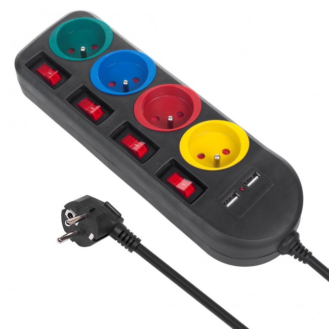 Maclean power strip, 4-socket extension cable + 2xUSB, with switches, 250VAC/10A, 2.1A 5V, 1.5m, black, MCE229 B Maclean power strip, 4-socket extension cable + 2xUSB, with switches, 250VAC/10A, 2.1A 5V, 1.5m, black, MCE229 B