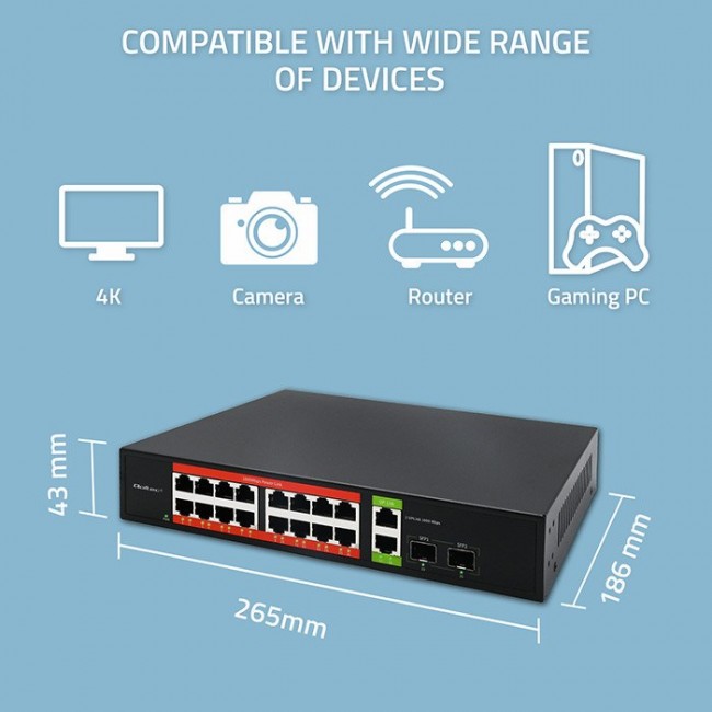 Qoltec Prze ącznik sieciowy SWITCH Gigabit Ethernet PoE | 16x RJ45 | 2x RJ45 Uplink | 2x SFP | 1000Mb/s Qoltec Prze ącznik sieciowy SWITCH Gigabit Ethernet PoE | 16x RJ45 | 2x RJ45 Uplink | 2x SFP | 1000Mb/s
