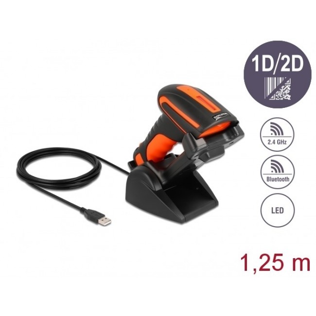 DeLOCK Industrial Barcode Scanner 1D and 2D for 2.4 GHz or Bluetooth with inductive charging station
