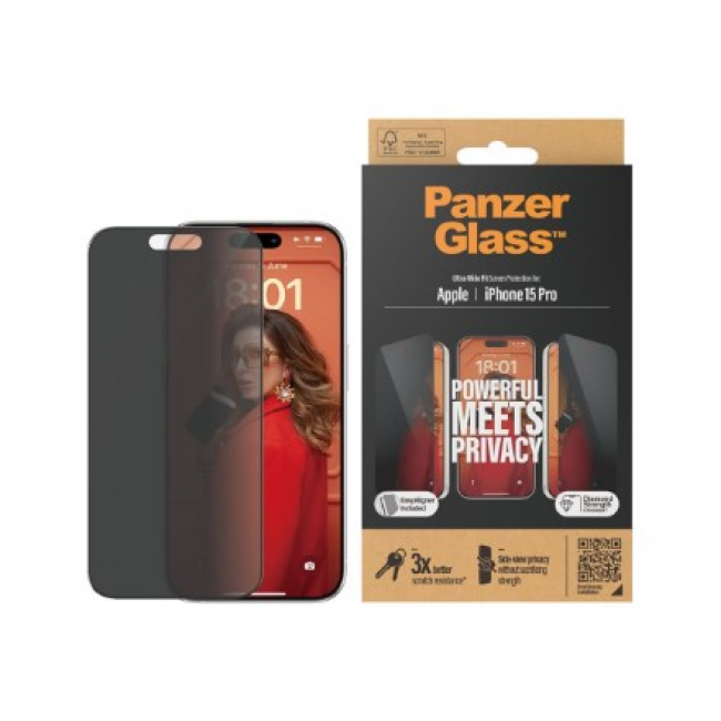 PanzerGlass Privacy Screen Protector iPhone 15 Pro | Ultra-Wide Fit w. EasyAligner Clear screen protector Apple 1 pc(s) PanzerGlass Privacy Screen Protector iPhone 15 Pro | Ultra-Wide Fit w. EasyAligner Clear screen protector Apple 1 pc(s)