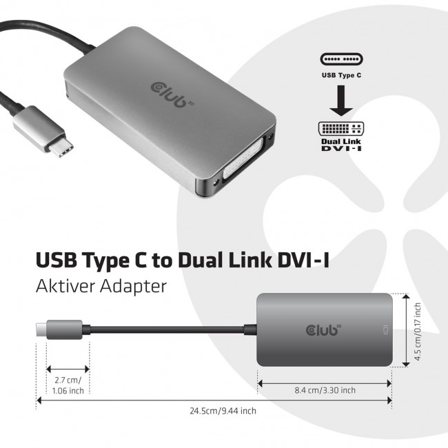 CLUB3D USB3.2 Gen1 Type-C to Dual Link DVI-D HDCP ON version Active Adapter M/F