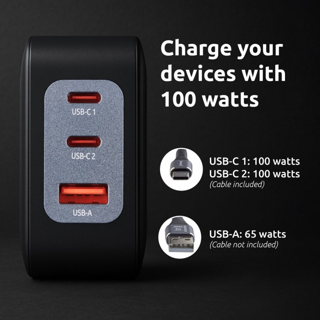 Intenso W100ACC+C520C, Power Adapter + Charging Cable Set, 100W, Fast Charging, GaN, Charge 3 Devices Simultaneously, Black