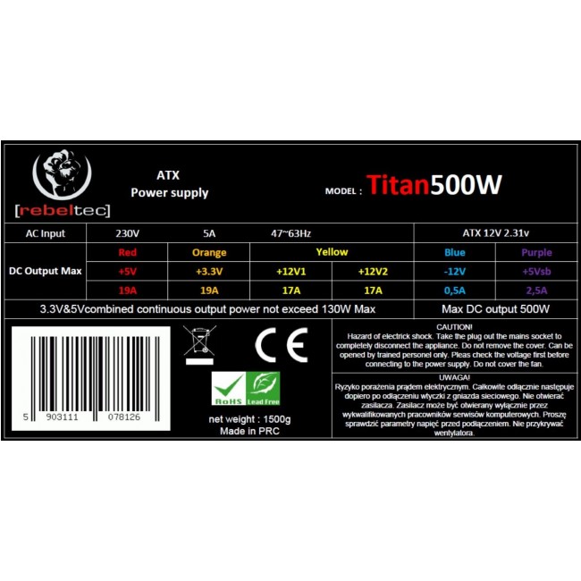Rebeltec TITAN 500 ATX power supply ver. 2.31 Rebeltec TITAN 500 ATX power supply ver. 2.31