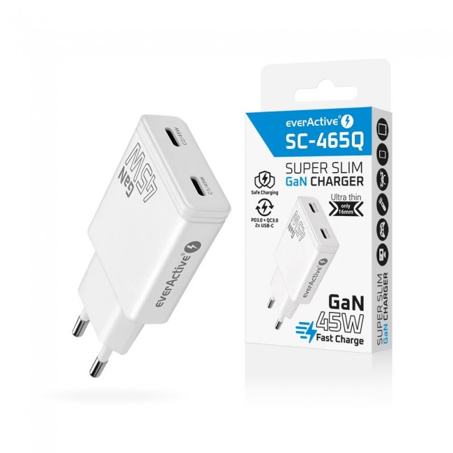 Charger GaN 2x USB-C Quick Charge 3.0 45W PD white
