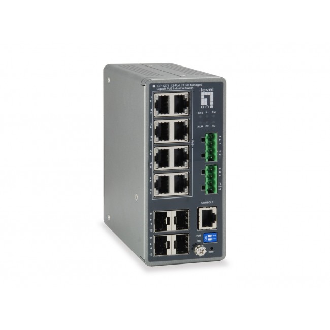 LevelOne TURING 12-Port L3 Lite Managed Gigabit Industrial Switch, 8 PoE Outputs, 240W, 802.3at/af PoE, 4 x SFP, -40 C to 75 C