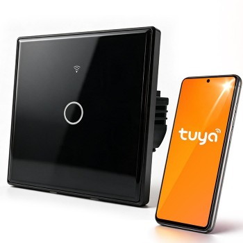 Qoltec 52711 Smart Touch 1-Gang Light Switch | Wi-Fi | Timer | Tuya | Smart Life | Tempered Glass | Black