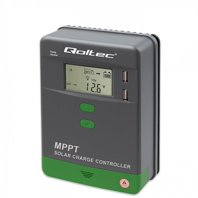Qoltec Solarny regulator adowania MPPT z czujnikiem temperatury 10A |12V / 24V | LCD | 2 x USB | Bluetooth | APP | GEL | LiFePO4