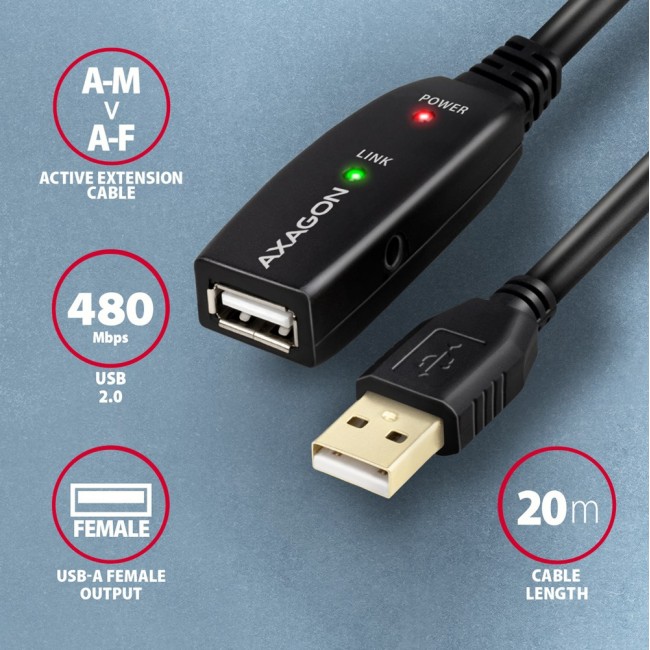 Axagon ADR-220 USB 2.0 A-M - A-F active extension/repeater cable 20m