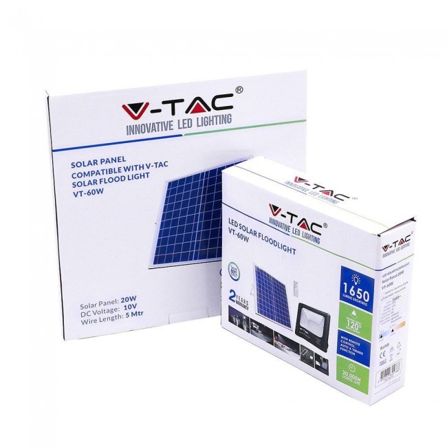 LED Solar Projector V-TAC 20W Black IP65, Remote Control, Timer VT-60W 6000K 1650lm LED Solar Projector V-TAC 20W Black IP65, Remote Control, Timer VT-60W 6000K 1650lm