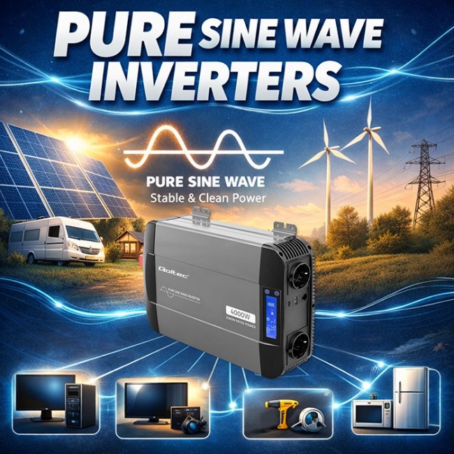 Qoltec Przetwornica napięcia Pure Sine Wave | 12V na 230V | 2000/4000W | LCD | USB | USB-C | Kompatybilna z LiFePO4 GEL AGM