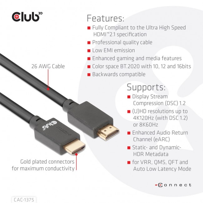 CLUB3D Ultra High Speed HDMI Certified Cable 4K120Hz 8K60Hz 48Gbps M/M 5m/16.4ft