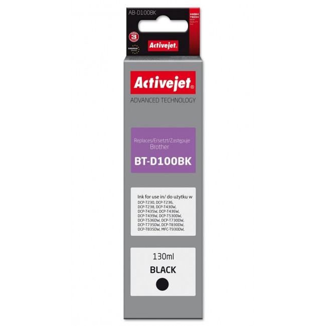 Activejet AB-D100Bk Ink cartridge for Brother printers, replacement for Brother BT-D100BK Supreme 130 ml black