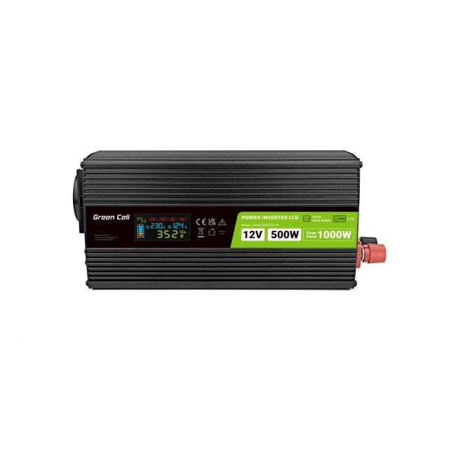 Green Cell Przetwornica napicia PowerInverter LCD 12 V 500W/1000W Przetwornica samochodowa z wywietlaczem - czysty sinus power adapter/inverter Auto Black