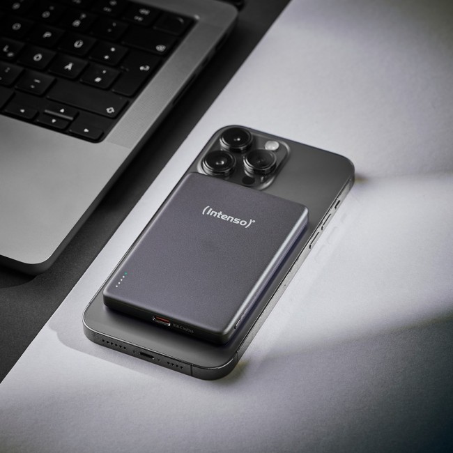 Intenso MW5000 Magnetic Power Bank 5000 mAh MagSafe Compatible, 15W Wireless Charging, 20W USB-C PD, Slim & Compact Tested in Germany Gray