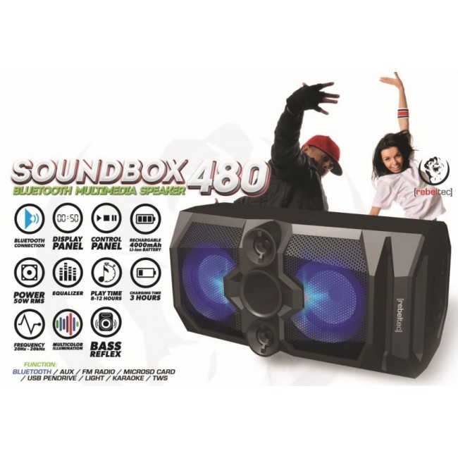 Rebeltec SoundBox 480 Portable Bluetooth Stereo Speaker Black, 50W RMS Rebeltec SoundBox 480 Portable Bluetooth Stereo Speaker Black, 50W RMS