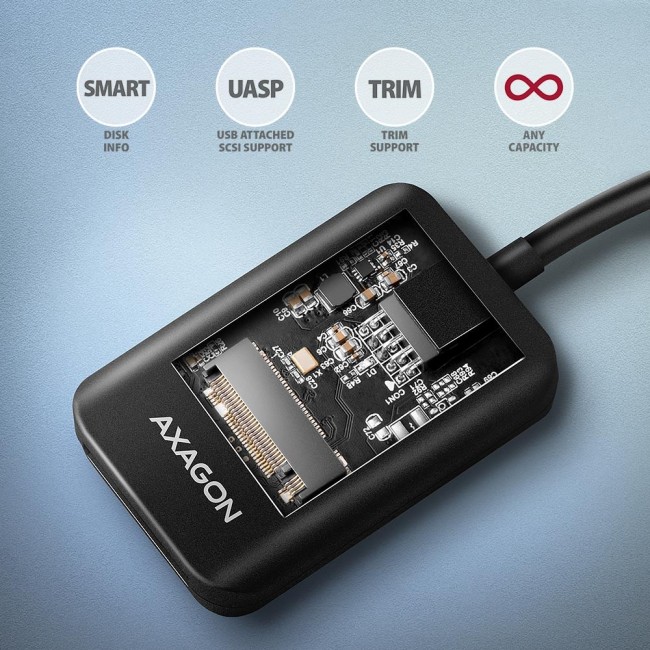 Axagon ADM2-AM USB-A 10Gbps - M.2 NVMe & SATA SSD adapt r, kabelis USB-A 10cm SSD enclosure Black