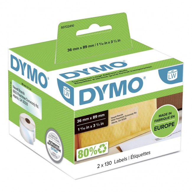DYMO Authentic LabelWriter Large Address Labels | 36mm x 89mm | Black Print on Clear Labels | 2 Rolls of 130 (260 Easy-Peel Labels) | Self-Adhesive | for LabelWriter Label Makers DYMO Authentic LabelWriter Large Address Labels | 36mm x 89mm | Black Print on Clear Labels | 2 Rolls of 130 (260 Easy-Peel Labels) | Self-Adhesive | for LabelWriter Label Makers