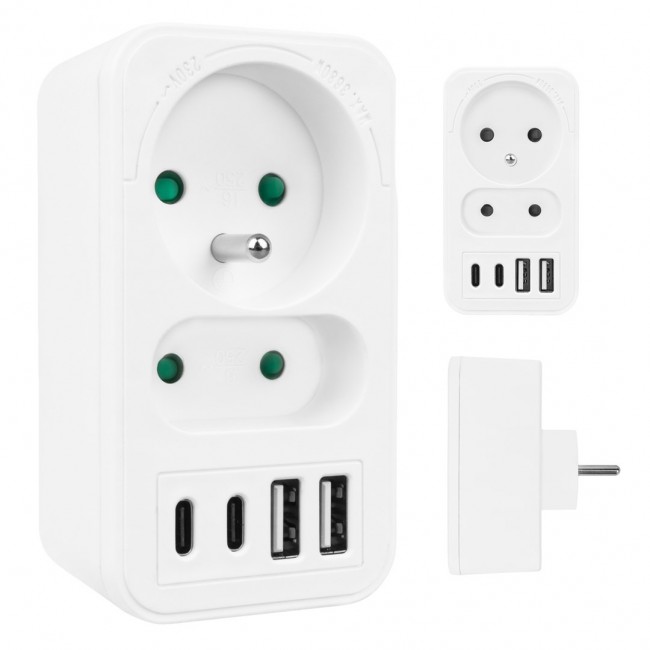 Current socket x2 + 4xUSB Maclean, splitter with 2 sockets, 2xUSB A, 2xUSB C PD 20W, 1x16A + 1x6A, MCE249 F/W