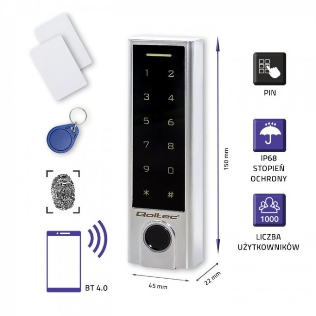 Qoltec 52448 Code lock TITAN with fingerprint reader | RFID | BT 4.0 |Code | Card | key fob | Doorbell| IP68 | EM Qoltec 52448 Code lock TITAN with fingerprint reader | RFID | BT 4.0 |Code | Card | key fob | Doorbell| IP68 | EM