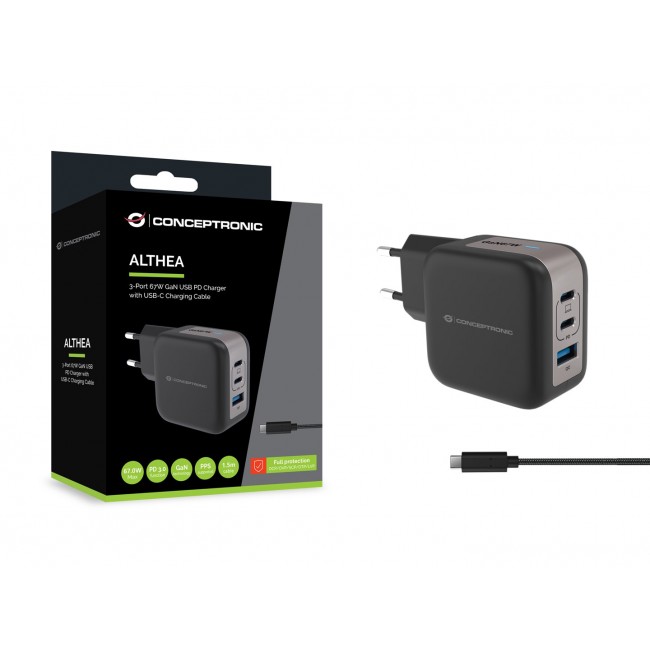 Conceptronic 3-Port 67W GaN USB PD Charger with USB-C Charging Cable, USB-C x 2, USB-A x 1, QC 3.0, PPS