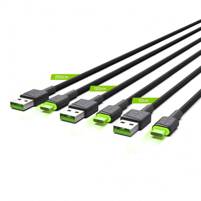 Green Cell Set 3x GC Ray USB-C Cable 30cm, 120cm, 200cm with green LED backlight, fast charging UC, QC 3.0 Green Cell Set 3x GC Ray USB-C Cable 30cm, 120cm, 200cm with green LED backlight, fast charging UC, QC 3.0