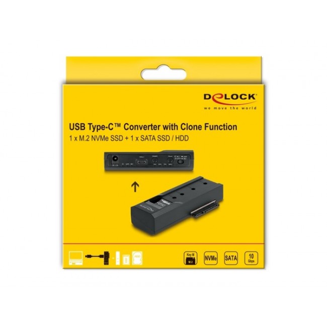 DeLOCK USB Type-C Converter for 1 x M.2 NVMe SSD + 1 x SATA SSD / HDD with Clone Function