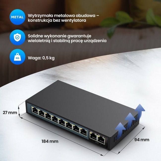 Extralink PoE Switch CERES 8x 100Mb/s PoE/PoE+, 2x RJ45 Uplink 100Mb/s, 96W