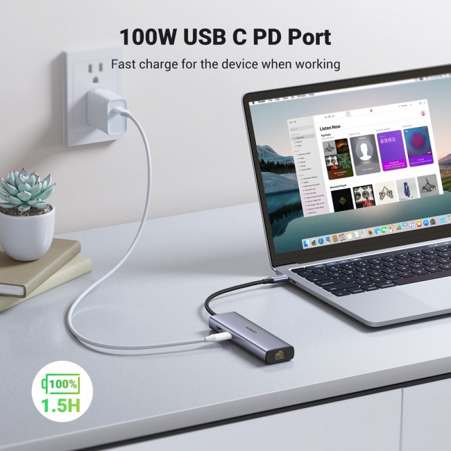 Ugreen CM512 90568 USB-C adapter 2 USB-A 3.0 / HDMI / RJ45 / SD and TF card reader / USB-C PD 100 W Grey