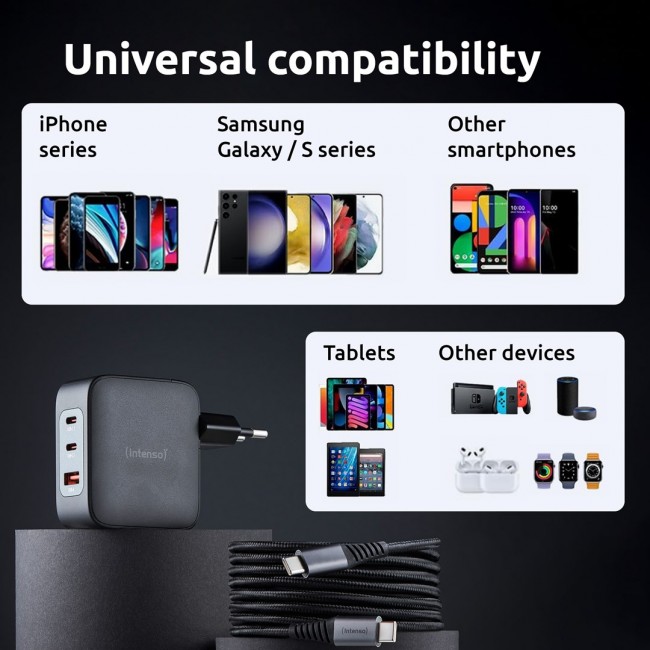 Intenso W100ACC+C520C, Power Adapter + Charging Cable Set, 100W, Fast Charging, GaN, Charge 3 Devices Simultaneously, Black