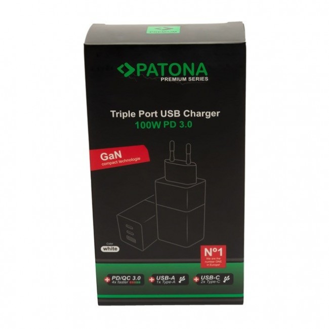 PATONA Premium Charger GaN PD100W 2xUSB-C 1xUSB-A PD3.0 QC3.0 White