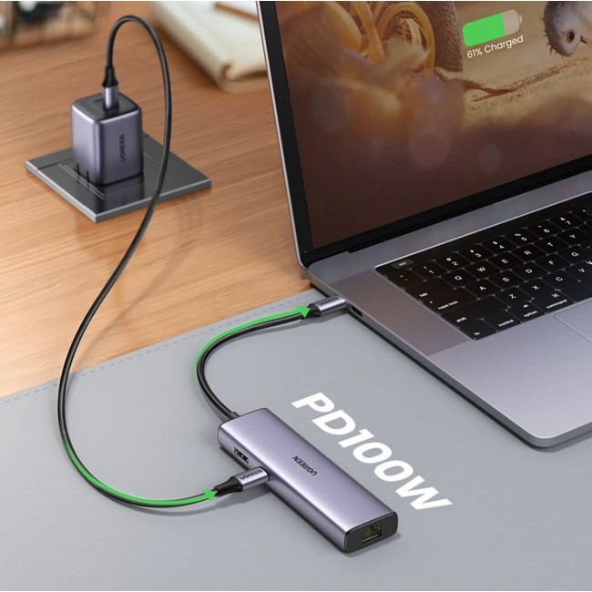 Ugreen CM512 90568 USB-C adapter 2 USB-A 3.0 / HDMI / RJ45 / SD and TF card reader / USB-C PD 100 W Grey