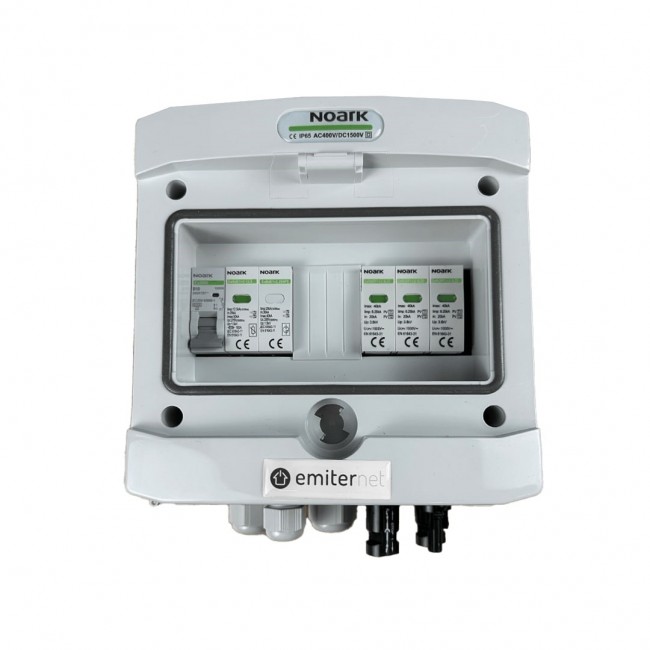 Switchgear attached DCAC hermetic IP65 EMITTER with Noark 1000V type 1+2 DC surge arrester, 1 x PV string, 1 x MPPT // og. AC Noarktype 1+2, 10A 1-F
