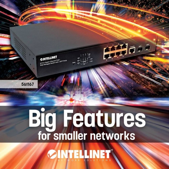 Intellinet 8-Port Gigabit Ethernet PoE+ Web-Managed Switch with 2 SFP Ports, IEEE 802.3at/af Power over Ethernet (PoE+/PoE) Compliant, 140 W, Endspan, Desktop, 19