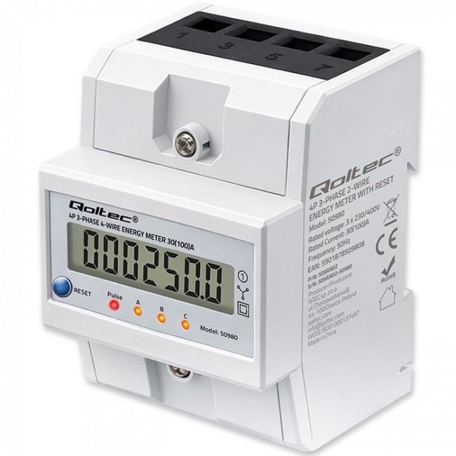 Qoltec 50980 Three-phase electronic meter with reset | DIN rail energy consumption meter | 400V | 100A | LCD | LED | 4P