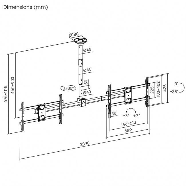 Maclean ceiling mount for two TVs, max load 2x40kg, 34-60 Maclean ceiling mount for two TVs, max load 2x40kg, 34-60