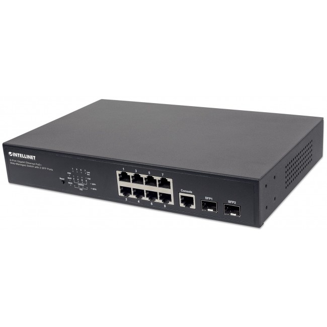 Intellinet 8-Port Gigabit Ethernet PoE+ Web-Managed Switch with 2 SFP Ports, IEEE 802.3at/af Power over Ethernet (PoE+/PoE) Compliant, 140 W, Endspan, Desktop, 19