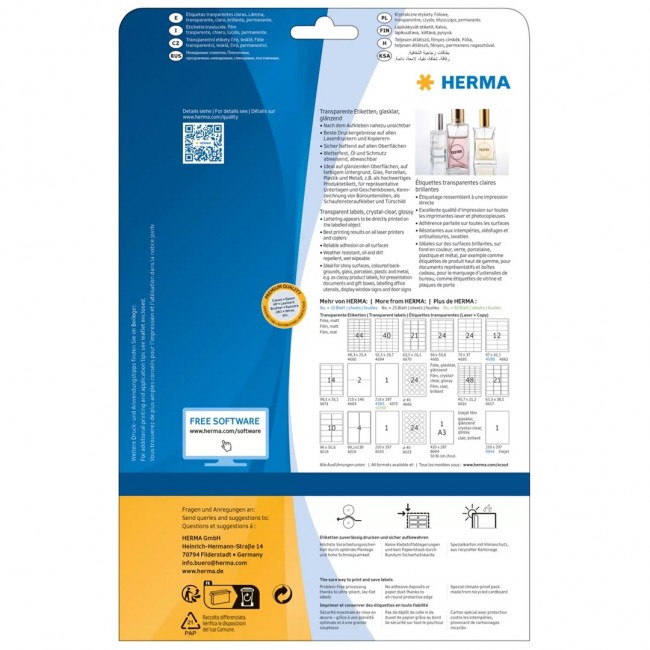 HERMA Labels transparent crystal-clear A4 40 mm round transparent clear film glossy 600 pcs.