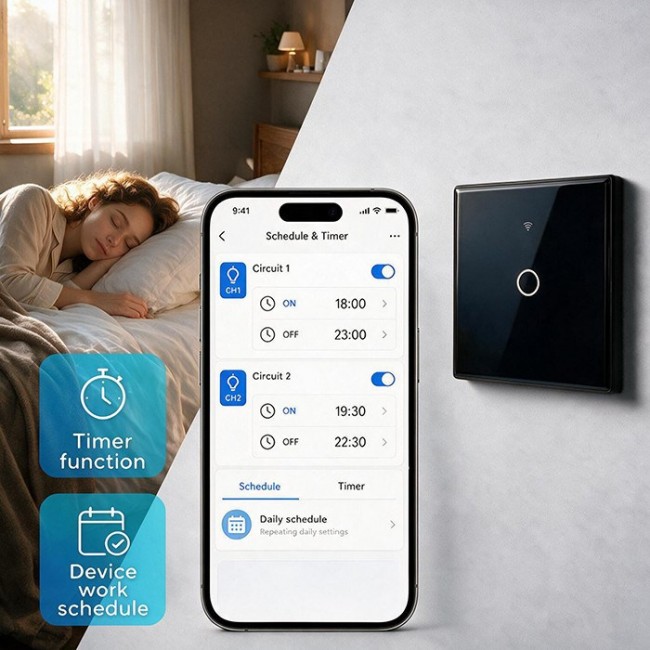 Qoltec 52711 Smart Touch 1-Gang Light Switch | Wi-Fi | Timer | Tuya | Smart Life | Tempered Glass | Black