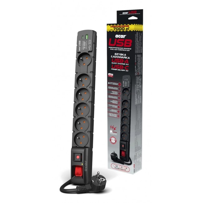 LISTWA ZASILAJĄCA ACAR S6 USB A+C 5M 6X 230V PL PD 3.0 QC CZARNA
